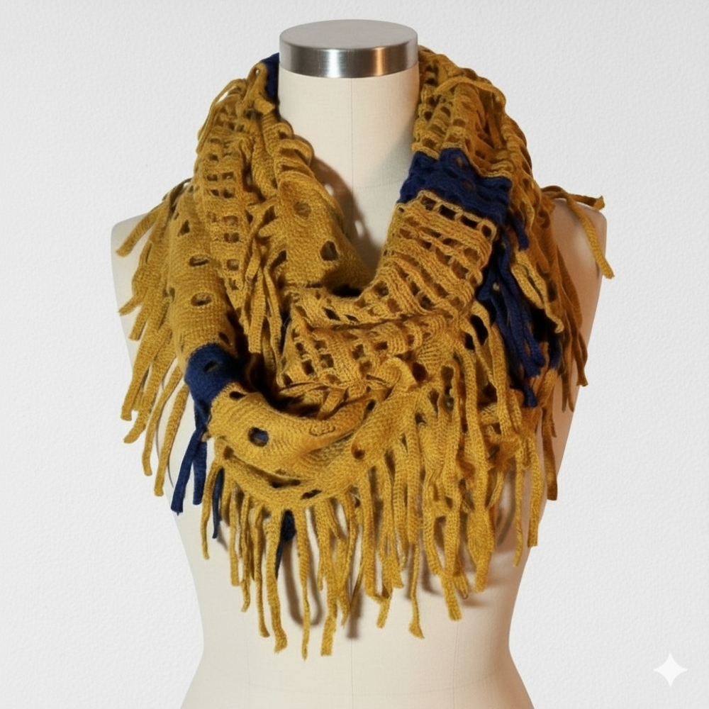 Julia 66x15" Infinity Scarf Knit Geometric Pattern Green Blue Stripe Dots Fringe